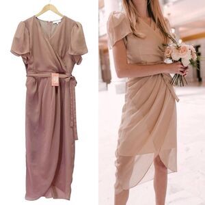 NWT Ivy City Co Lillie Dress Dusty Rose Size Large Flutter Sleeve Chiffon Midi